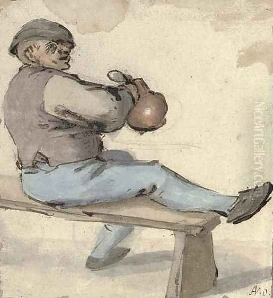 A seated drinker holding an earthenware pot Oil Painting by Cornelis Dusart