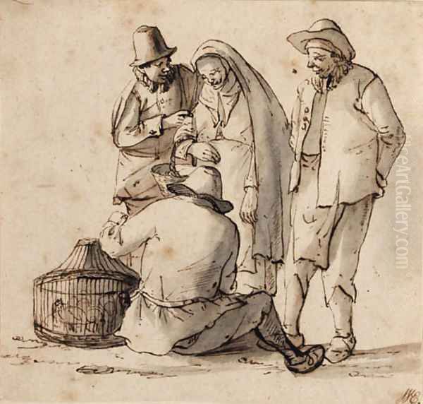 Four peasants looking at a basket containing birds Oil Painting by Cornelis Dusart