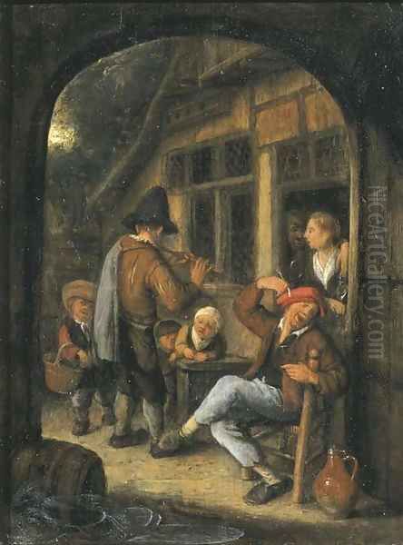 Peasants by a doorway with a pipe player, through an open arch Oil Painting by Cornelis Dusart