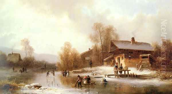 Skaters and Washerwomen in a Frozen Landscape Oil Painting by Anton Doll