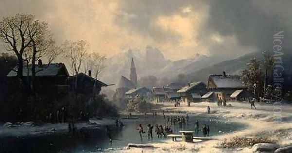 Children Skating on a Frozen River Oil Painting by Anton Doll