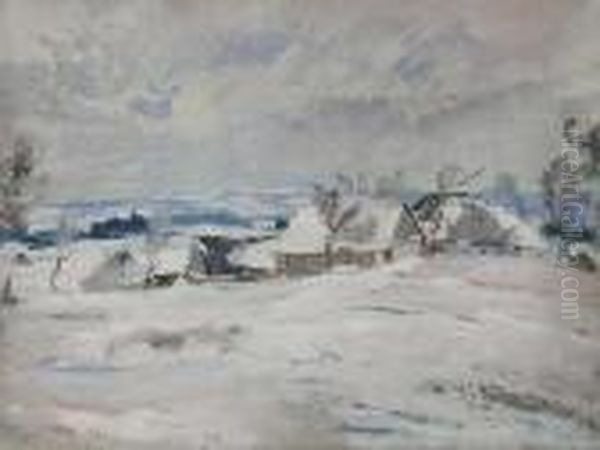 A Winter Landscape With Rural Buildings by Blazicek Oldoich