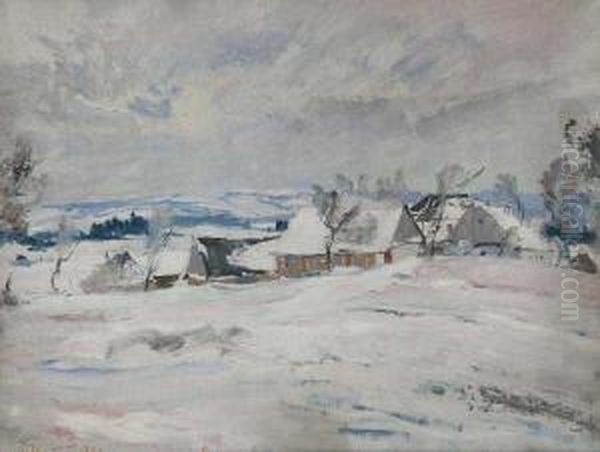 A Winter Landscape With Rural Buildings Oil Painting by Blazicek Oldoich