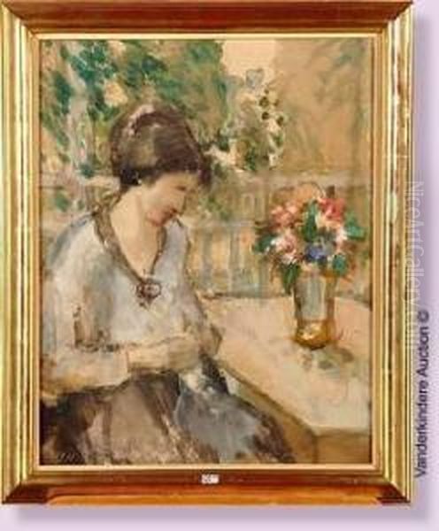 Femme Assise Sur La Terrasse Oil Painting by Auguste Oleffe