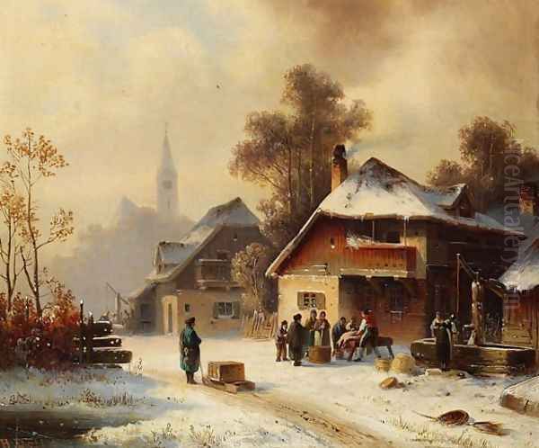 Village scene in winter Oil Painting by Anton Doll