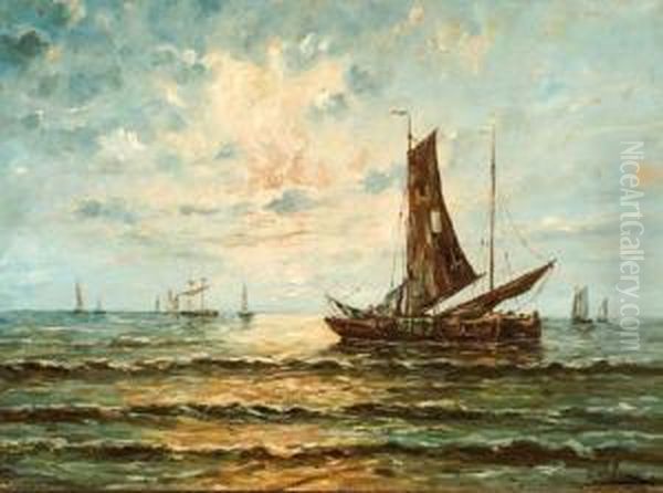 Ships On The Coast Of Nieuwpoort (belgium) Oil Painting by Auguste Oleffe