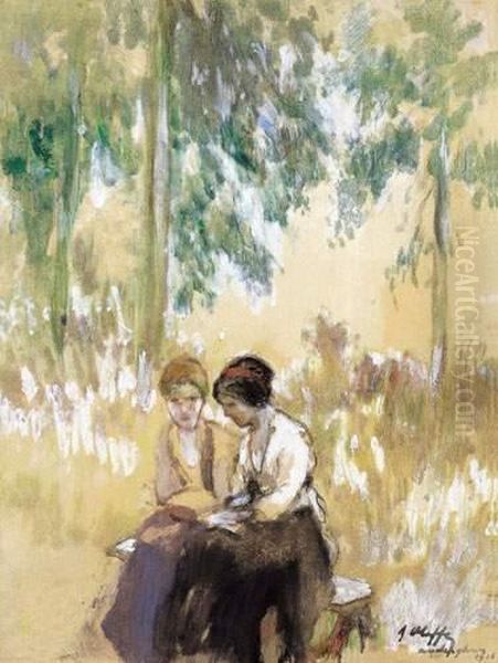 Deux Jeunes Femmes Dans Le Jardin (1916) Oil Painting by Auguste Oleffe