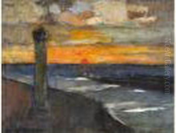 Soleil Couchant A Ostende (1928) Oil Painting by Auguste Oleffe