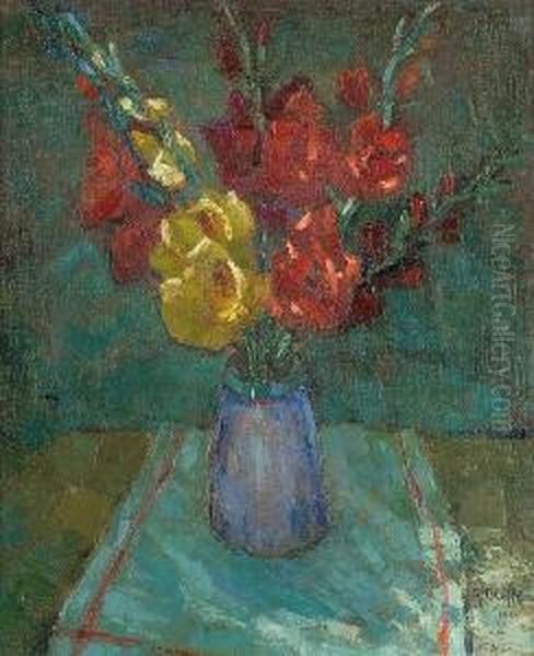 Still Life Of Flowers In A Blue Vase Oil Painting by Auguste Oleffe