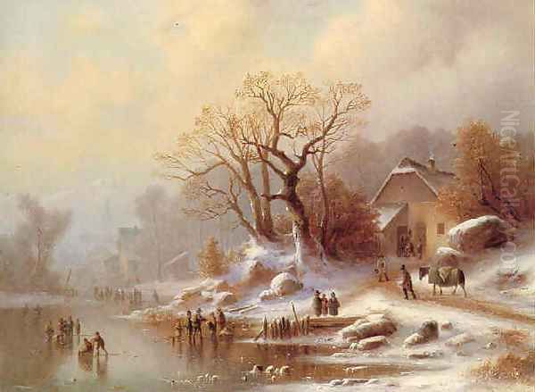 Winter bustle in a village in Voralpenland Oil Painting by Anton Doll