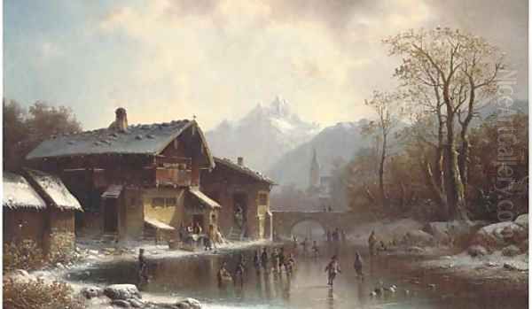 Skaters before an Alpine bridge Oil Painting by Anton Doll