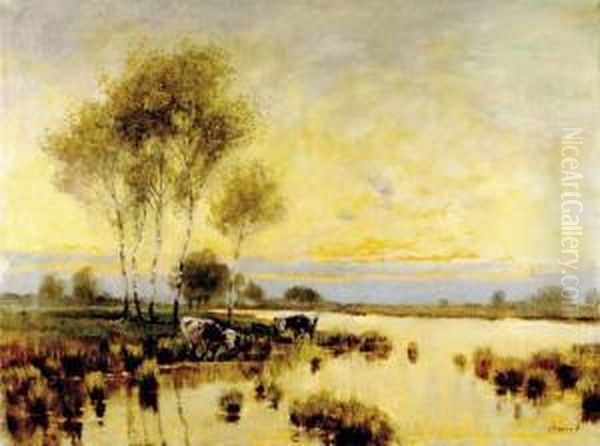 Cattle Watering Oil Painting by Ferenc Olgyay