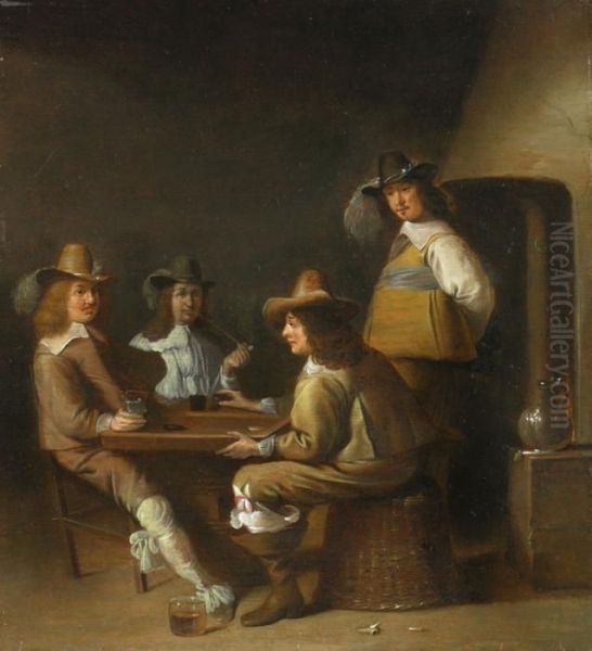 Herrengesellschaft
 Vier In Hollandischer Tracht Gekleidete Manner, Um Einen Tisch 
Gruppiert, Mit Glasern Und Spielsteinen. Rechts Daneben Kiste Mit Einem 
Wasserkrug. Oil Painting by Jan Olis