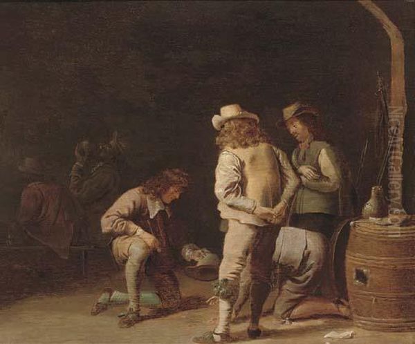 Soldiers Playing A Game And Smoking In A Guardroom Oil Painting by Jan Olis