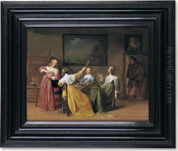 An Interior With Four Elegantly Dressed Women Smoking And Drinking Around A Table Oil Painting by Jan Olis