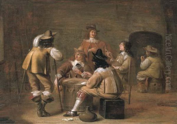 Militiamen Smoking And Playing Cards In An Interior Oil Painting by Jan Olis