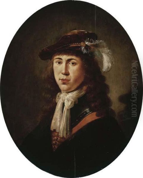 Portrait Of A Young Man, 
Bust-length, In Armour And A Black Coat, Ared Vest And A White Chemise, A
 Feathered Brown Velvet Cap Upon Hishead Oil Painting by Jan Olis