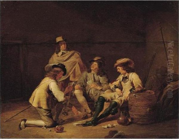 A Guardroom Interior With Soldiers Playing Cards And Smoking Oil Painting by Jan Olis