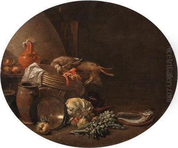 A Kitchen Interior With A Hare 
And A Mallard On A Table By A Basketwith Fish On A Terracotta Plate, 
Apples, Artichokes And Othervegetables Oil Painting by Jan Olis