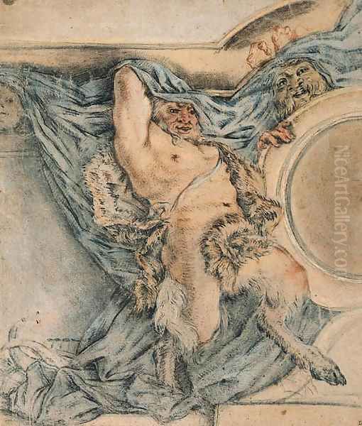 A Satyr holding up a Drapery Design for a Ceiling Oil Painting by Michel Dorigny