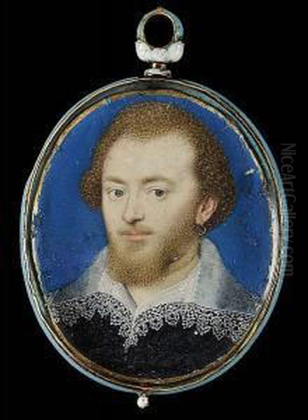 A Gentleman, Traditionally 
Called Robert Devereux, 2nd Earl Of Essex (1566-1601), Wearing Slashed 
Black Doublet, White Lawn Collar With Lace Border And Gold Hoop Earring,
 Blue Background, Gold Border Oil Painting by Isaac Oliver