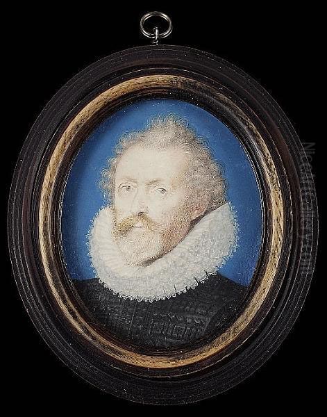 A Gentleman, With Fair Hair And 
Beard, Wearing Black Slashed Doublet And White Ruff, Blue Background 
With Gold Border Oil Painting by Isaac Oliver