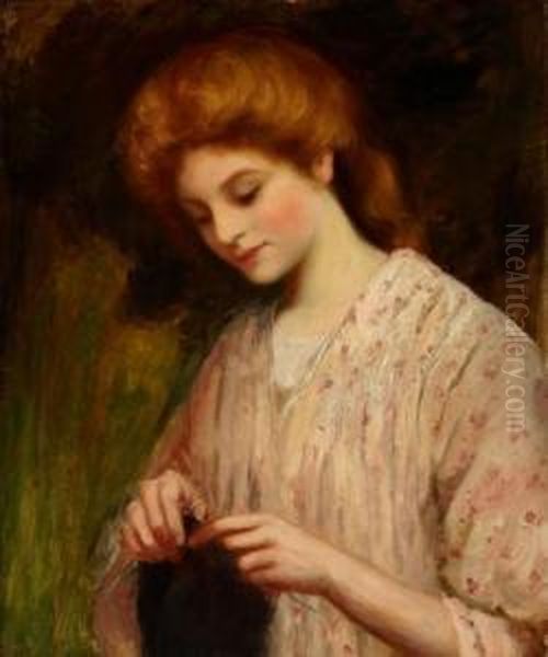 Emma Eburne Knitting A Sweater Oil Painting by William Oliver