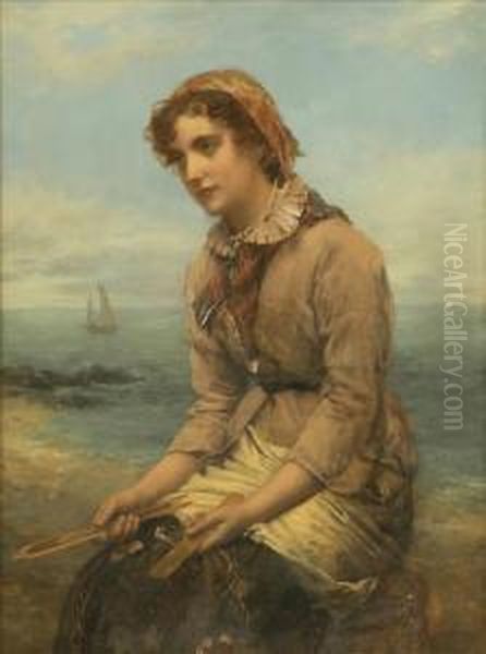 Mending Thenets, Study Of A Fishergirl Oil Painting by William Oliver