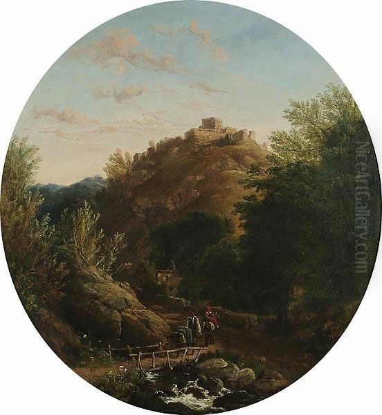 View Of Hilltop Fort, Figures On A Bridge In The Foreground Oil Painting by William Oliver