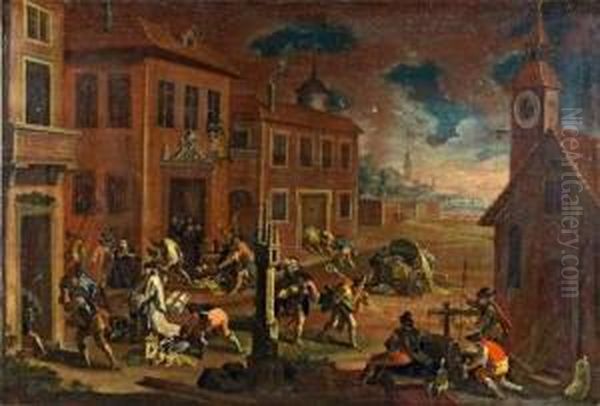 Scene De Pillage D'un Village Oil Painting by Pietro Domenico Oliviero