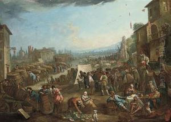 A Market In A Town, A Landscape Beyond Oil Painting by Pietro Domenico Oliviero