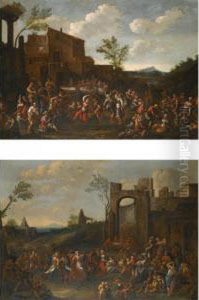 A Village Festival Amongst Classical Ruins Oil Painting by Pietro Domenico Oliviero