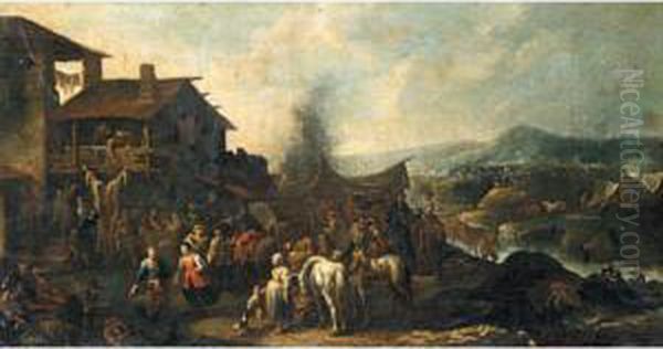 Figures Making Merry Outside A Riverside Tavern, An Encampment In The Distance Oil Painting by Pietro Domenico Oliviero