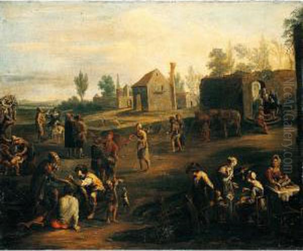 A Market Scene With Peasants Gathered Before The Walls Of A Town Oil Painting by Pietro Domenico Oliviero