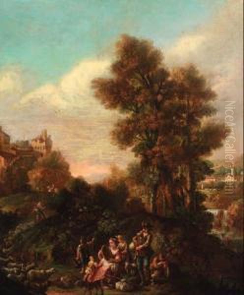 An Italianate Landscape With Shepherds Making Music By A River, Ahilltop Town Beyond Oil Painting by Pietro Domenico Oliviero