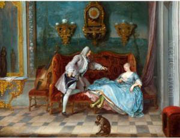 An Interior With A Sleeping Lady Holding A Letter And A Gentleman Seated Beside Her Oil Painting by Michel-Barthelemy Ollivier