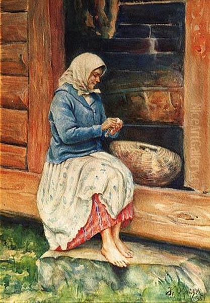 Wiejska Kobieta Na Progu Domu Oil Painting by Jan Kazimierz Olpinski