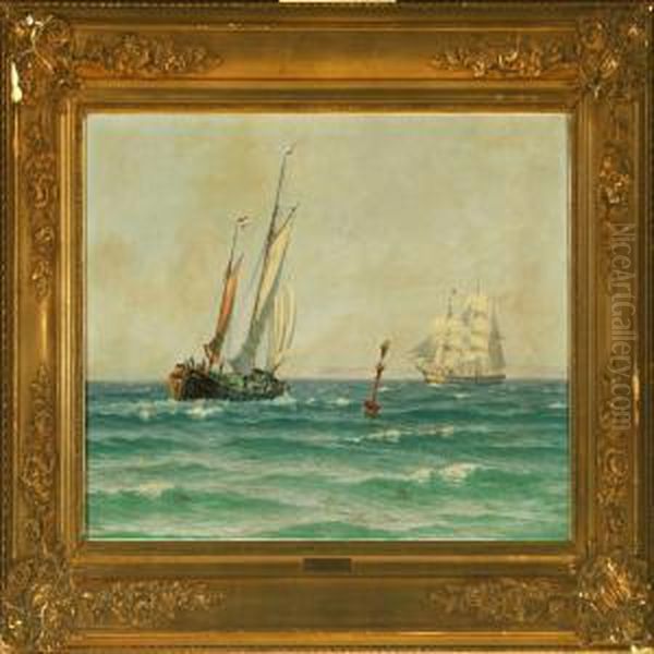 Seascapewith Fregatten Jylland And Dutch Schooner Oil Painting by Alfred Theodor Olsen