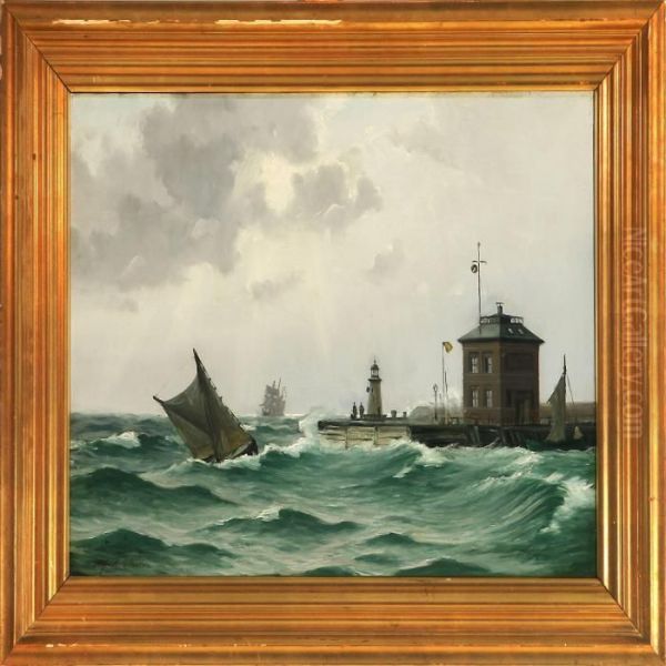 Marine With Sailing Ships In Heavy Sea Near A Mole Oil Painting by Alfred Theodor Olsen