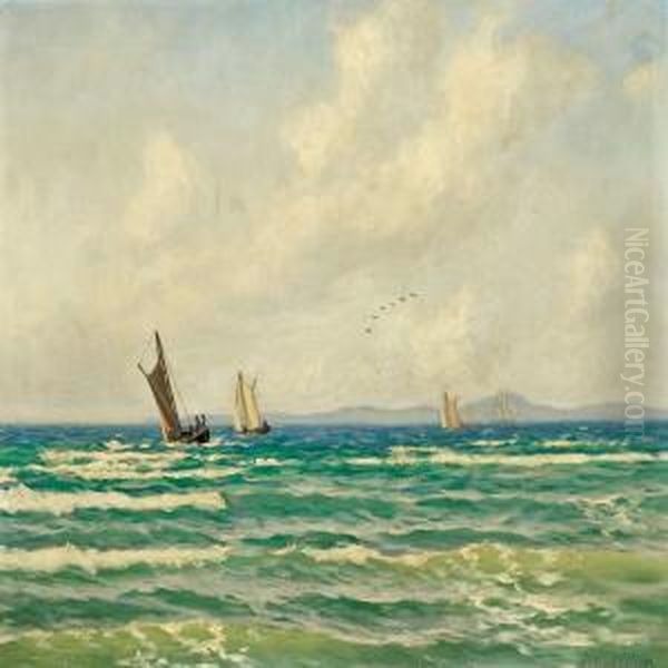 Marine With Sailing Boat Bycoast Oil Painting by Alfred Theodor Olsen