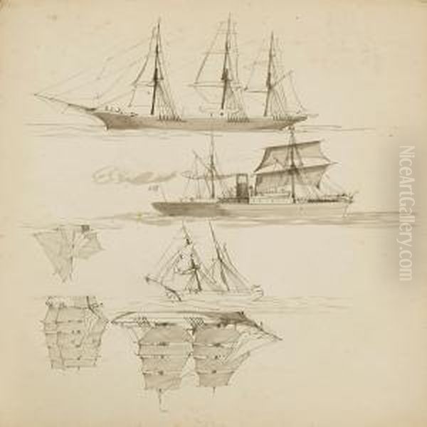 A Sketch Collection Of Sailing Ships, Landscapes And Oil Painting by Alfred Theodor Olsen