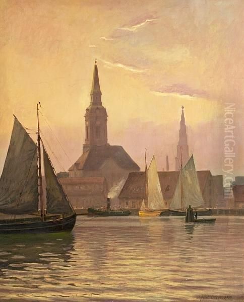 Dusk Over Copenhagen With Christian's Church. Signed Alfred Olsen 1913 Oil Painting by Alfred Theodor Olsen