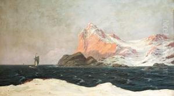 Landscape With Snow-covered 
Mountains And Ships On The Sea. Signed Alfred Olsen Oil On Canvas. 74 X 
126 Cm Oil Painting by Alfred Theodor Olsen