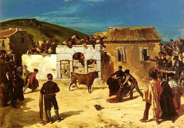 Combat De Novillos (The Bull Fight) Oil Painting by Alfred Dehodencq