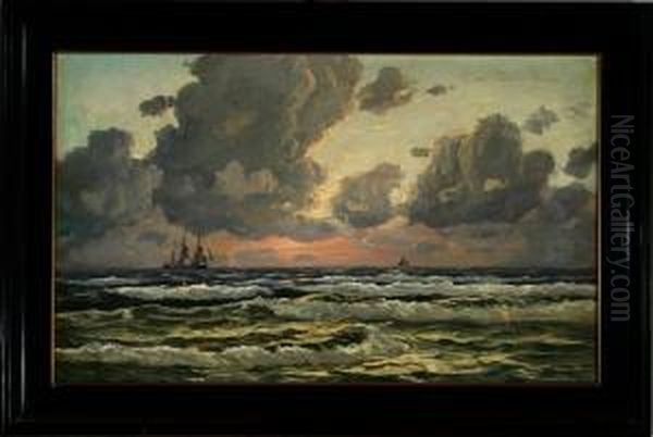 Marine With A Barque Sailing In The Horizont During Sunset Oil Painting by Alfred Theodor Olsen