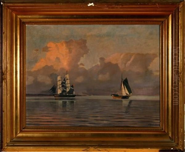 A Coastal Scenery With Two Sailing Ships In The Evening Sun Oil Painting by Alfred Theodor Olsen