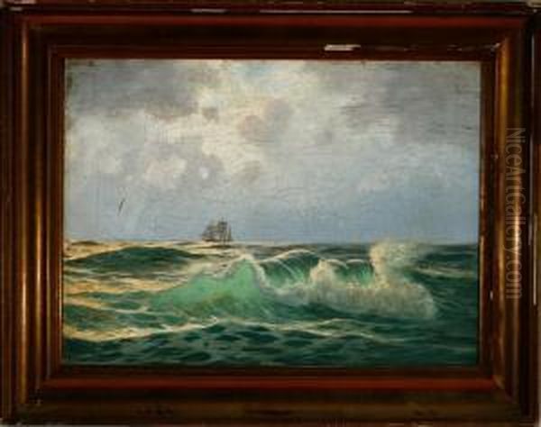 Breakers Along The Coast With A Sailing Ship In The Horizon Oil Painting by Alfred Theodor Olsen