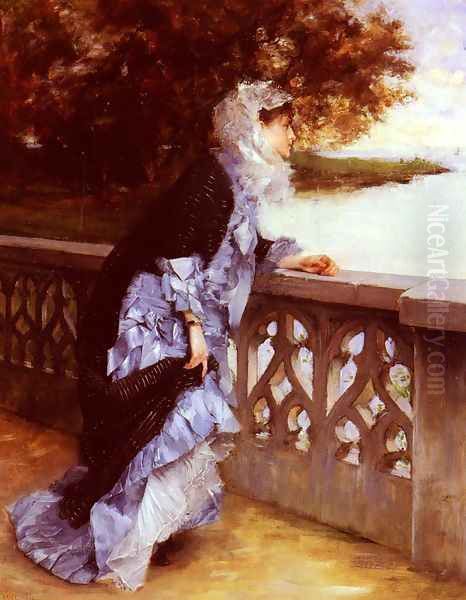 Elegante Accoudee A Une Balustrade (Elegant Lady Leaning Against a Balustrade) Oil Painting by Paul-Louis Delance