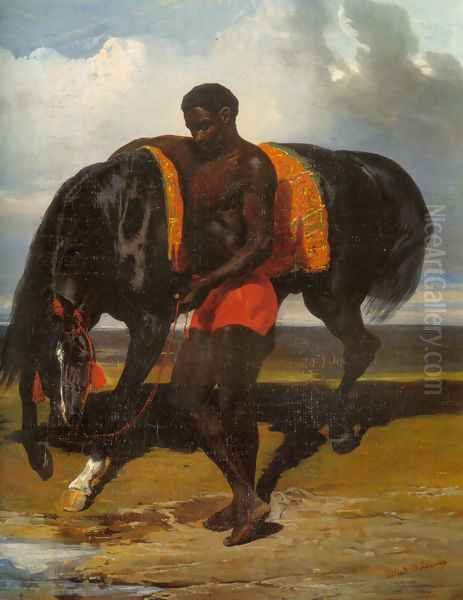 Africain tenant un cheval au bord d'une mer (African keeping a horse at the side of a sea) Oil Painting by Alfred Dedreux