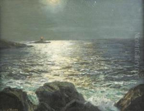 Lighthouse At Moonlight Oil Painting by Julius Olsson